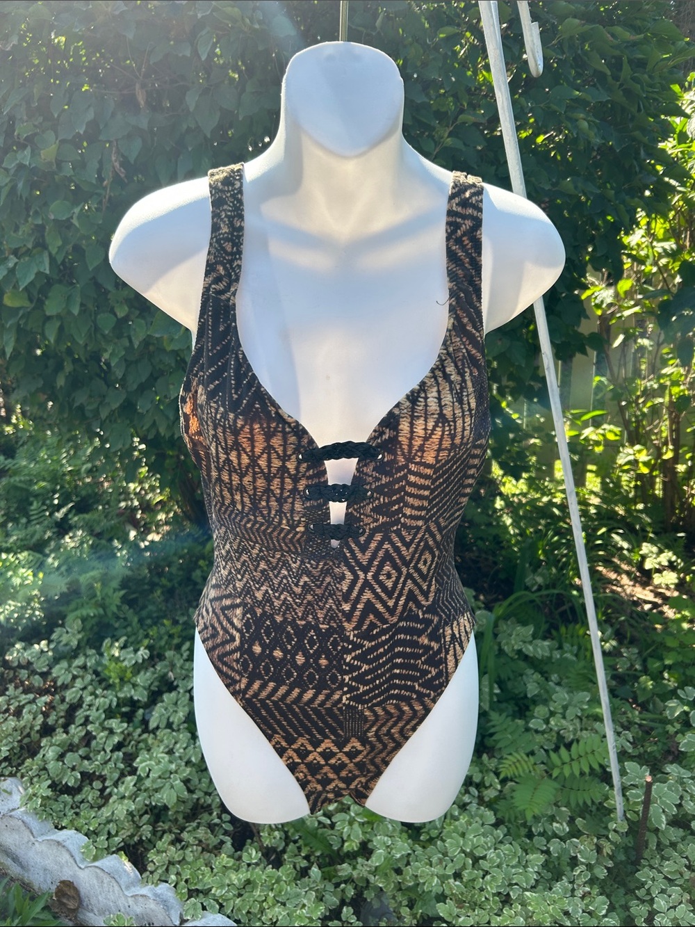 Woman’s Geometric One-Piece Swimsuit in Black and Brown